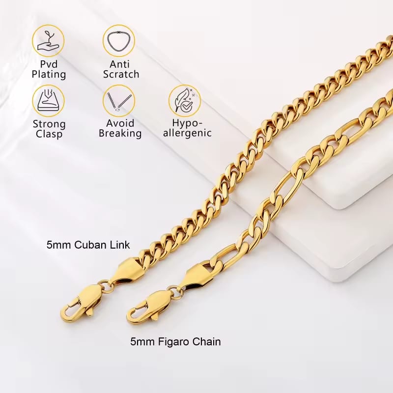LUXWADE 18K Gold Plated 5mm Figaro Chain Bracelet for Men – Stainless Steel, Durable Shine, Lobster Clasp – Available in 7Inch and 8Inch Sizes